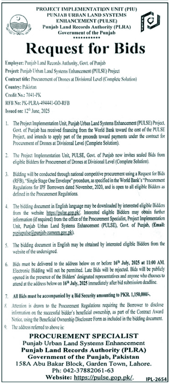 Punjab Urban Land Systems Lahore Tender Notice